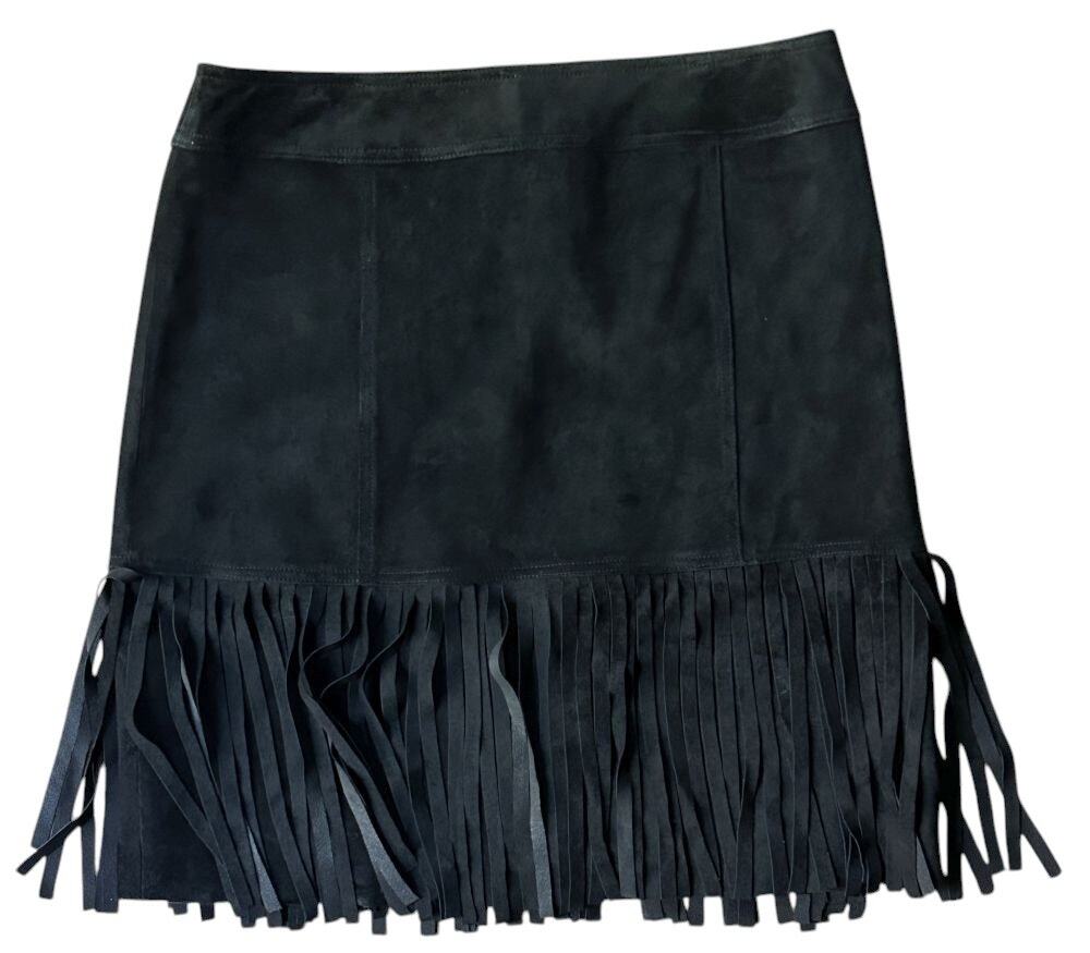 Worth 100% Suede Fringe Black Mini Skirt Size 4